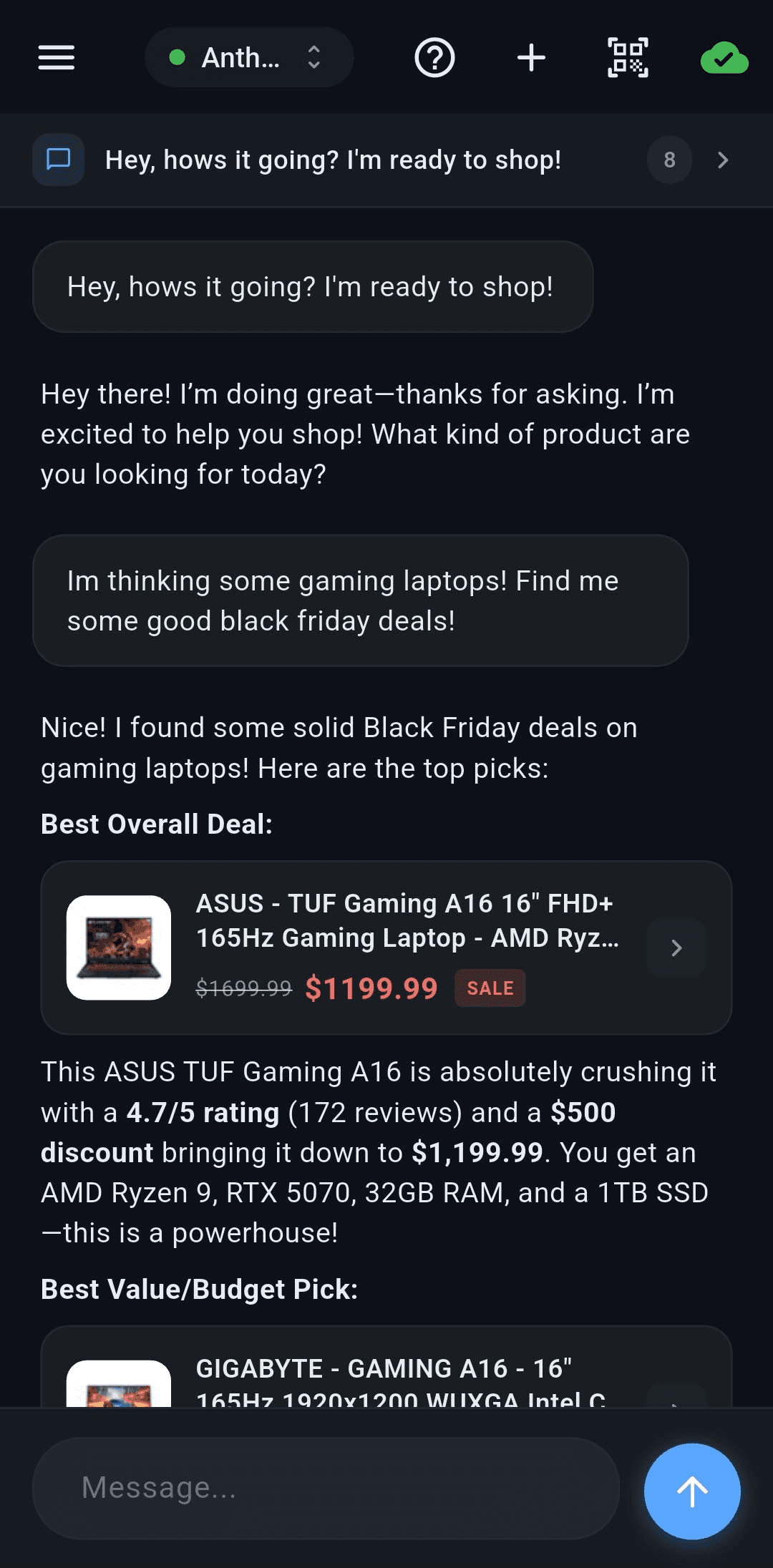 Imagine App chat interface showing AI conversation with product cards