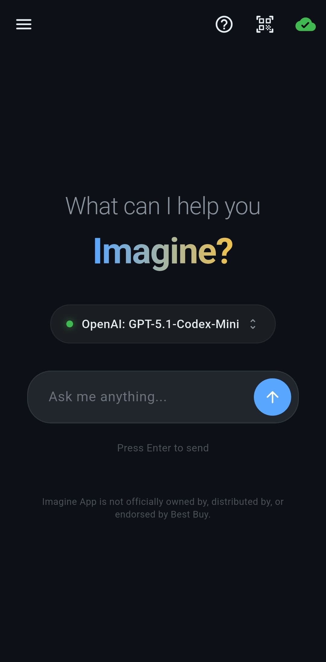 Imagine App landing screen showing the clean, dark-themed mobile interface